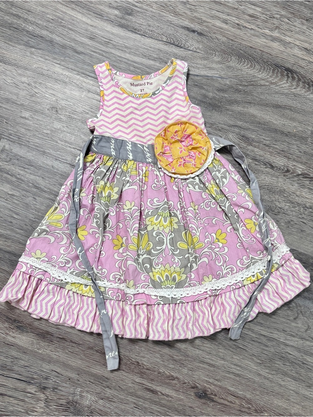 Mustard Pie Pink, Yellow & Gray Floral Girls' Dress with Sash 2T